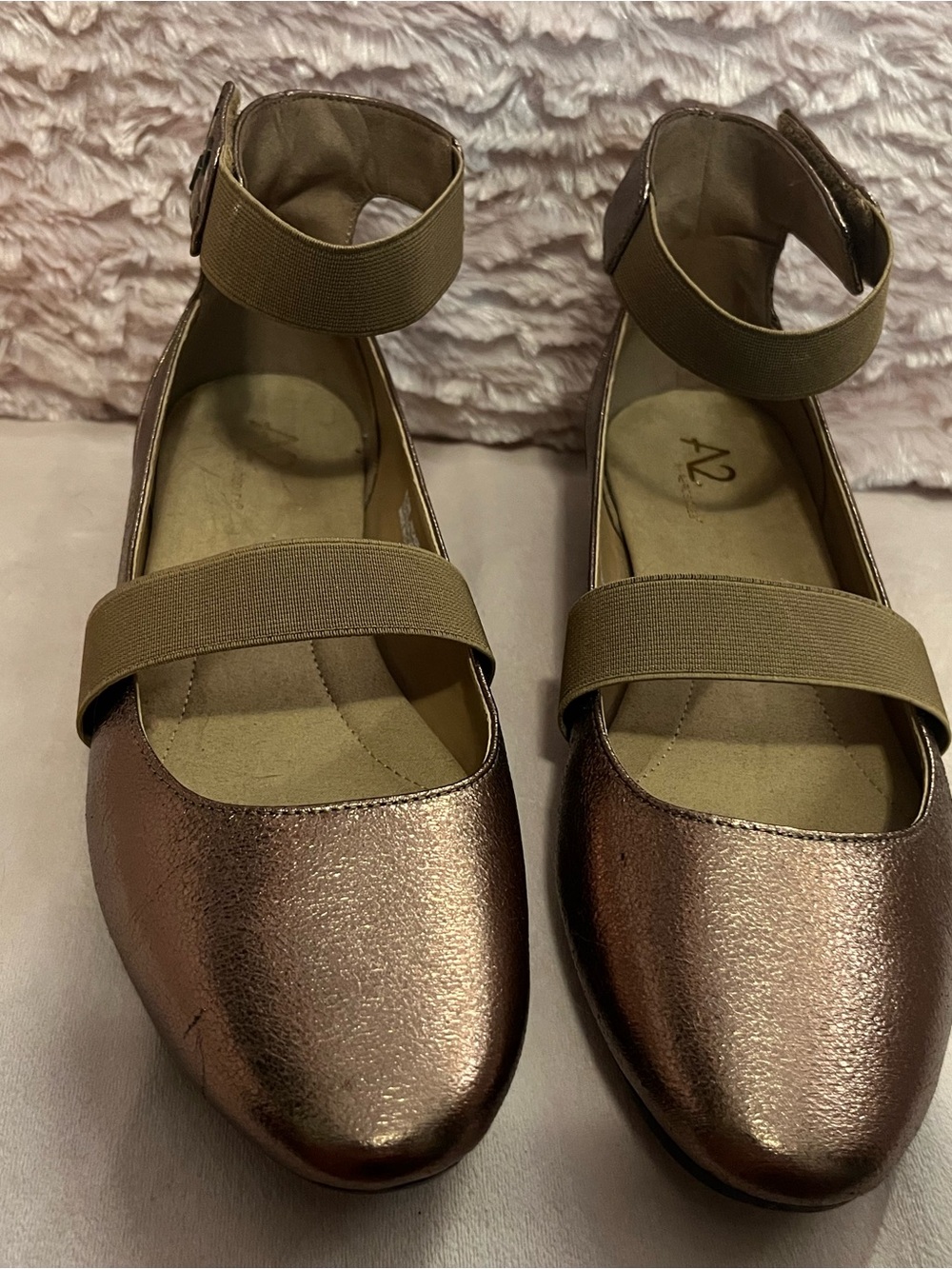 AEROSOLES Brown Metallic Mary Jane Flats with Ankle Straps